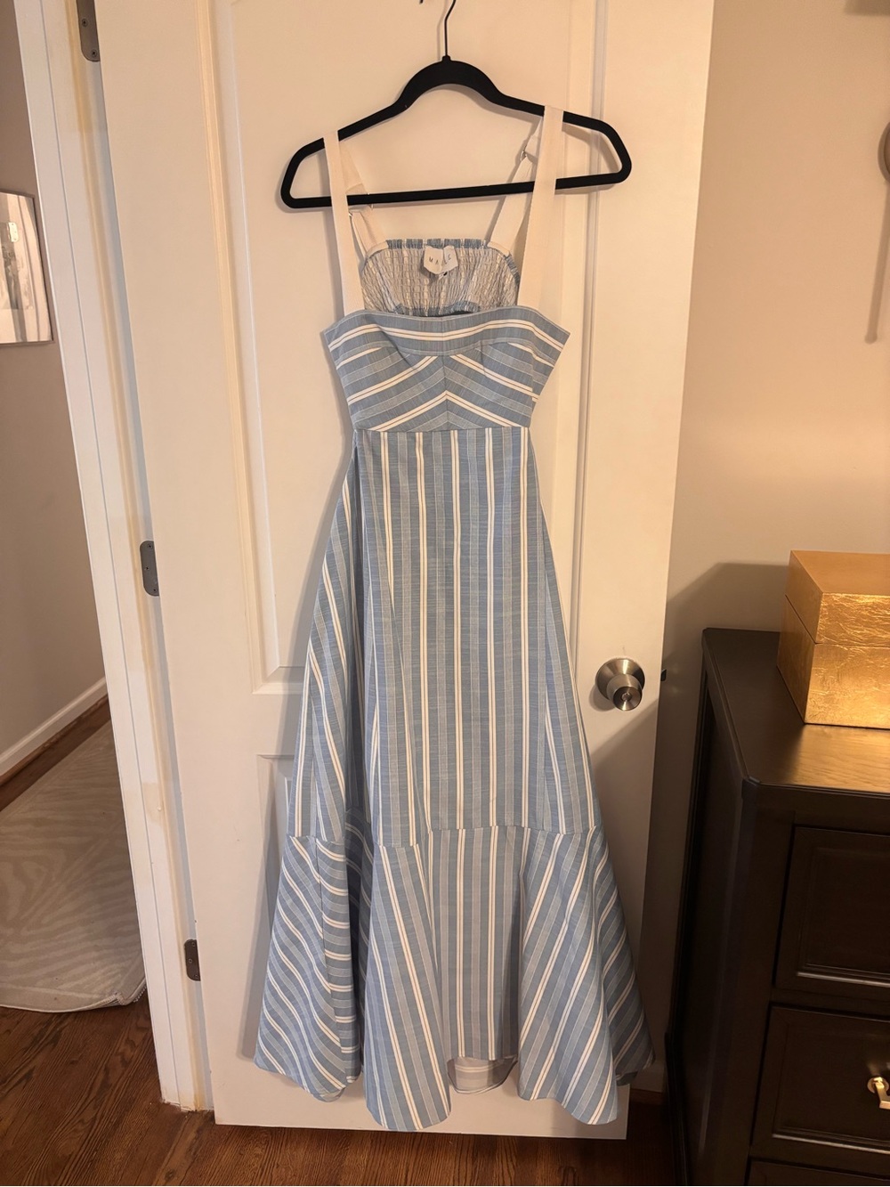Light Blue & White Striped Maxi Dress with Sweetheart Bodice